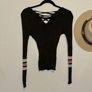 Hooked Up by IOT Olive V-Neck Sweater with Pink and White Stripes
